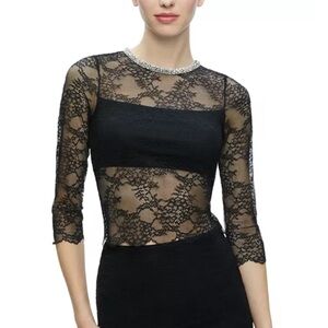 alice + olivia Vanita Embellished Neck Black Lace Crop Top Large